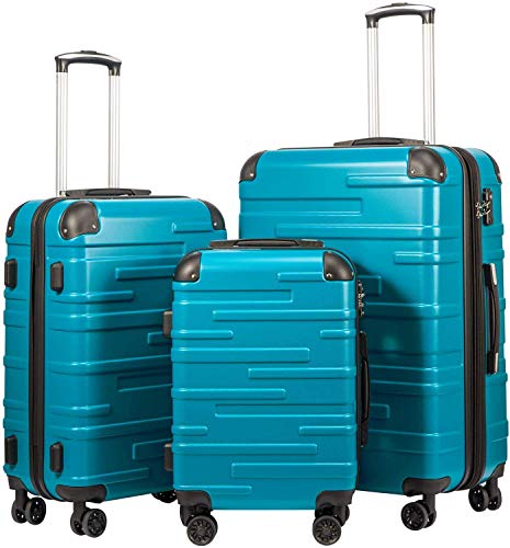 COOLIFE Hartschalen-Koffer Rollkoffer Reisekoffer Vergrößerbares Gepäck (Nur Großer Koffer Erweiterbar) ABS Material mit TSA-Schloss und 4 Rollen (Türkisgrün, Koffer-Set) von COOLIFE
