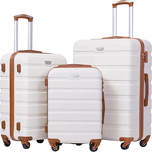 COOLIFE Hartschalen-Koffer Trolley Rollkoffer Reisekoffer mit TSA-Schloss und 4 Rollen (Weiß/Braun, Koffer-Set) von COOLIFE
