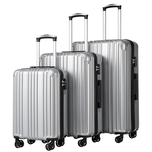 COOLIFE Hartschalenkoffer Rollkoffer Reisekoffer Handgepäck, PC+ABS-Material leicht, mit TSA-Schloss und 4 multidirektionale Räder, 2 Jahre Garantie, langlebig(Silber, Set（M/L/XL）) von COOLIFE