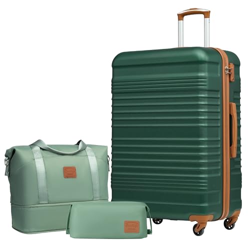 COOLIFE Koffer-Set Trolley Koffer ABS Hartschale Reisekoffer 4 Rollen TSA-Schloss einziehbarer Trolley Der Koffer Enthält 1 Reisetasche und 1 Kulturbeutel (Dunkelgrün/Braun, Großer Koffer-Set 3tlg) von COOLIFE