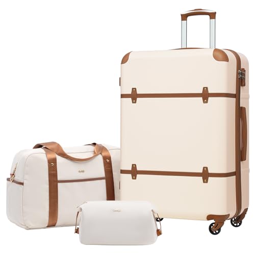 COOLIFE Koffer Trolley Koffer Reisekoffer ABS Hartschalen Trolley 4 Rollen TSA-Schloss Grosse Kapazität Der Koffer Enthält 1 Reisetasche und 1 Kulturbeutel (Weiß/Braun, Großer Koffer-Set 3tlg) von COOLIFE