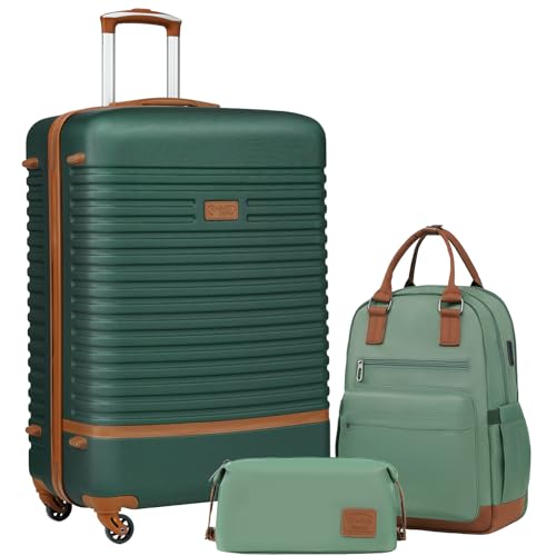 COOLIFE Koffer Trolley Koffer Reisekoffer von ABS Hartschalen Trolley 4 Rollen TSA-Schloss Der Koffer Enthält 1 Reiserucksack und 1 Kulturbeutel (Dunkelgrün/Braun, Großer Koffer-Set 3tlg) von COOLIFE