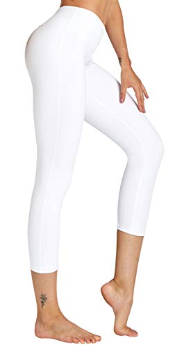 COOLOMG Damen Yoga Capris 3/4 Hosen Kompression Leggings Sport Trainingshose Weiß L von COOLOMG
