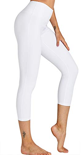 COOLOMG Damen Yoga Capris 3/4 Hosen Kompression Leggings Sport Trainingshose Weiß M von COOLOMG