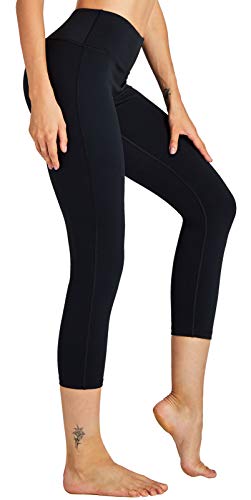 COOLOMG Damen Yoga Capriss 3/4 Hosen Kompression Leggings Sport Trainingshose Schwarz L von COOLOMG