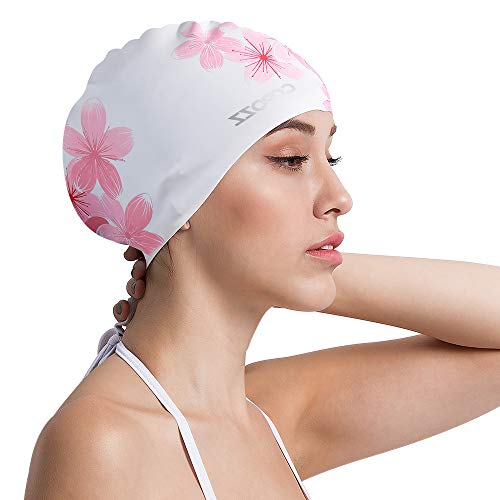 COPOZZ Erwachsene Badekappe, Unisex Wasserdicht Schwimmkappe für Herren Damen, Lange Haare Silikon Swimming Cap Bademütze für Männer Frauen (Blumen-Kirsche) von COPOZZ