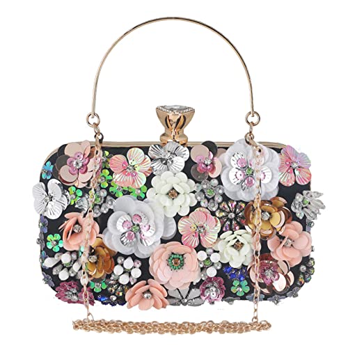 CORIOS Damen Clutch Tasche Blumen Abendtasche Hochzeit Bag Elegante Kette Shiny Strass Handtasche Schultertasche Umhängetasche für Hochzeit Abschlussball Bankett-Party Schwarz von CORIOS