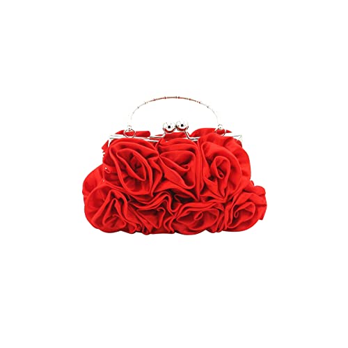 CORIOS Damen Elegante Abendtasche Blumen Clutch Tasche Handtasche mit Kette Kiss Lock Mini Rose Schultertasche Satin Umhängetasche für Hochzeit Bankett-Party Abschlussball Rot von CORIOS
