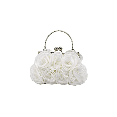 CORIOS Damen Elegante Abendtasche Blumen Clutch Tasche Handtasche mit Kette Kiss Lock Mini Rose Schultertasche Satin Umhängetasche für Hochzeit Bankett-Party Abschlussball Weiß von CORIOS