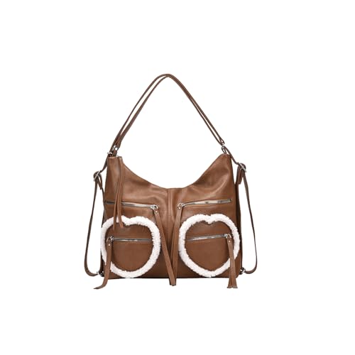 CORIOS Damen Handtasche PU Leder Wasserdicht Schultertaschen Lammwolle Umhängetaschen Große Messenger-Tasche Mode Henkeltaschen Tragetasche Frauen Rucksack Schulrucksack Khaki von CORIOS