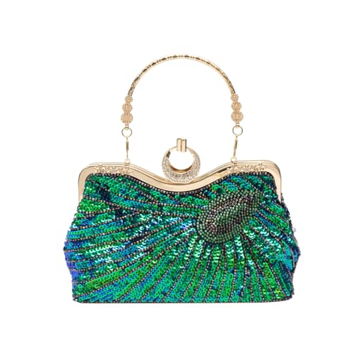 CORIOS Damen Pfau Abendtasche Glitzernd Pailletten Handtasche Luxus Perlen Clutch Tasche Klein Tasche Kette Schultertasche Elegante Umhängetasche für Abschlussball Bankett-Party Hochzeit Gold von CORIOS