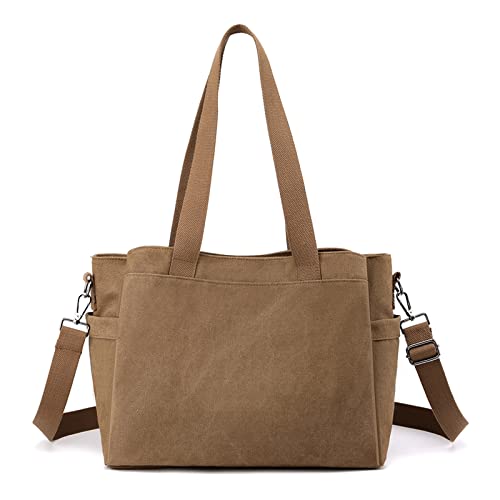 CORIOS Damen Schultertasche Canvas Handtasche Casual Tragetasche Große Kapazität Umhängetasche Multifunktionale Henkeltaschen Tote Beutel für Schule Arbeit Shopper Reise Braun von CORIOS