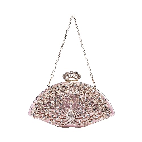 CORIOS Pfau Abendtasche für Damen Shiny Strass Clutch Tasche Diamant Clutch Tasche Klein Tasche Kette Schultertasche Elegante Luxus Umhängetasche Rosa von CORIOS