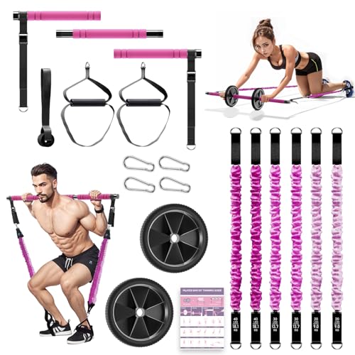 COSDIG Pilates Bar Set mit 6 Widerstandsbänder, Fitnessbänder Pilates Stangen Set mit AB Rolle, 20/30/40lbs Resistance Bands, Griffe, Türanker für Krafttraining und Körperstraffung (Rosa) von COSDIG