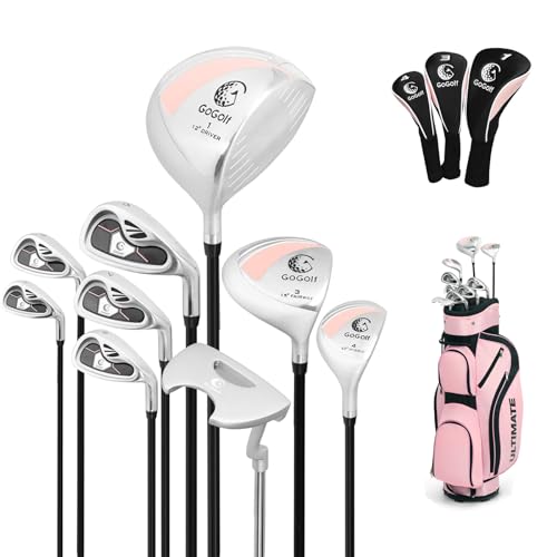 COSTWAY komplettes Damen Golfschläger Set, 9 teilige Golfschlägersätze rechtshändig mit Regenhaube, Golfset mit 1 Driver & 3 Fairway & 4 Hybrid & 6/7/ 8/9/ P Eisen & Putter (Rosa mit Tasche) von COSTWAY