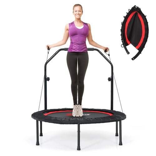 COSTWAY φ101cm Fitmess Trampolin, Mini Trampolin mit höhenverstellbarm Haltegriff & 2 Widerstandsbändern, Kindertrampolin faltbar, Gartentrampolin bis 150kg belastbar für Erwachsene & Kinder (Rot) von COSTWAY
