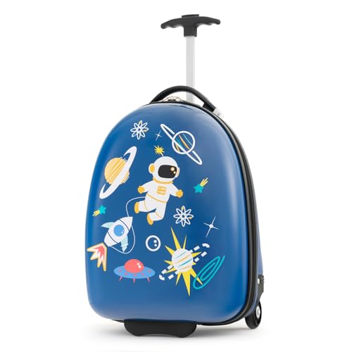COSTWAY 16" Kinderkoffer, Kindertrolley mit 2-stufigem Teleskopgriff, Kinder Handgepäck Reisegepäck Hartschalenkoffer für Jungen & Mädchen (Astronauten, 16") von COSTWAY