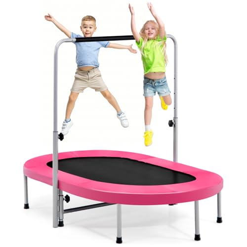 COSTWAY 2 Personen Trampolin mit höhenverstellbarm Haltegriff, Mini Trampolin bis 150kg belastbar, Kindertrampolin klappbar, Gartentrampolin für Kinder und Erwachsene (Rosa) von COSTWAY