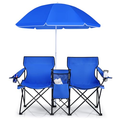 COSTWAY 2-Sitzer Campingstuhl mit Sonnenschirm, Kühltasche, Getränkehalter & Seitentasche, klappbarer Angelstuhl mit Tragetasche, Faltstuhl, Klappstuhl für Camping, Angeln, Picknick (Tiefblau) von COSTWAY