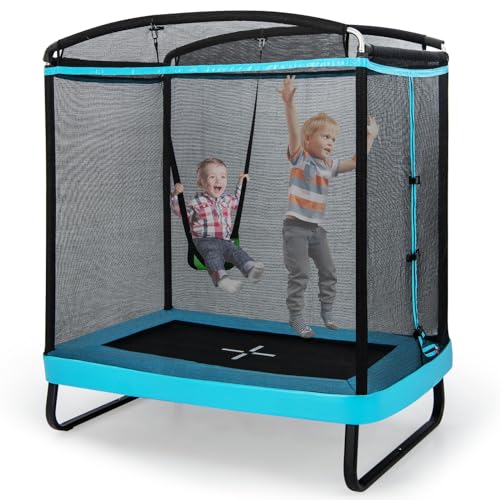 COSTWAY 2 in 1 Kindertrampolin mit Schaukel, Gartentrampolin rechteckig mit Sicherheitsnetz & Randabdeckung, Indoor-/Outdoortrampolin für Kinder bis 100kg Belastbar (Blau) von COSTWAY