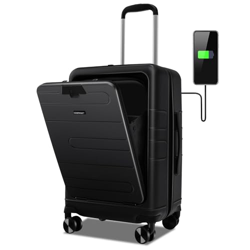 COSTWAY 20” Handgepäck mit klappbarer Tischplatte, 38L Reisekoffer mit Vordertasche, Laptopfach, USB-Anschluss & Spinnerrädern, PC-Hartschalenkoffer mit TSA-Schloss für Geschäftsreisen (Schwarz) von COSTWAY