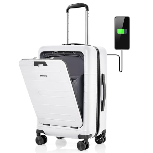 COSTWAY 20” Handgepäck mit klappbarer Tischplatte, 38L Reisekoffer mit Vordertasche, Laptopfach, USB-Anschluss & Spinnerrädern, PC-Hartschalenkoffer mit TSA-Schloss für Geschäftsreisen (Weiß) von COSTWAY
