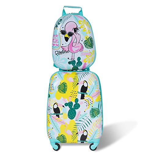 COSTWAY 2tlg Kinderkoffer + Rucksack, Kindertrolley aus Kunststoff, Kindergepäck, Kinder Kofferset Handgepäck Reisegepäck Hartschalenkoffer für Jungen und Mädchen (Flamingo, 12"+16") von COSTWAY