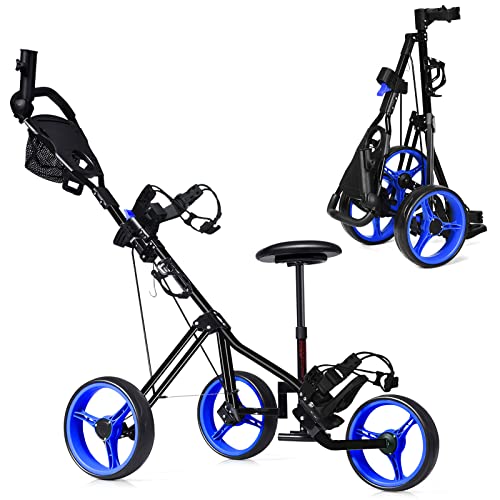 COSTWAY Golftrolley, Golf Trolley, Golftrolley 3 Rad Klappbar, Golfwagen Klappbar, Golf Cart, Golf Trolleys | mit verstellbarem Sitz & Griff & Halter für Schirm & Flasche (Blau) von COSTWAY