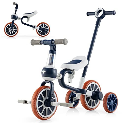 COSTWAY 4 in 1 Kinder Dreirad & Laufrad & Balance Bike & Schiebeauto mit verstellbarem Schiebegriff und abnehmbaren Pedalen,für Kinder im Alter von 2-4 Jahren (Blau) von COSTWAY