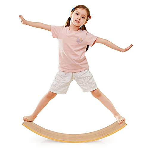 COSTWAY 90 x 30cm Balance Board, Balancierbrett aus Bambus, Wackelbrett bis 150kg belastbar, Kurviges Board für Kinder und Erwachsene von COSTWAY