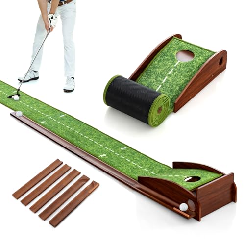 COSTWAY Golf Puttingmatte, Golfmatte mit 1/2/3 Löchern, Auto Rückkehr Übungsmatte mit 3 Golfbällen & Kunstrasen, Putting Trainer Indoor Outdoor für Anfänger, Profis (1 Loch) von COSTWAY