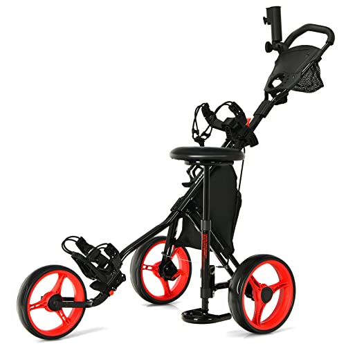 COSTWAY Golf Trolley, 3 Rad Golftrolley klappbar, Golfcaddy aus Aluminum mit Sitz, Verstellbarer Griffe & Vorderrad, Golfwagen mit Schirmhalter & Aufbewahrungstasche (Rot, Mit Sitz) von COSTWAY
