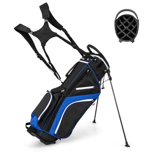 COSTWAY Golfbag, Golftasche mit 14-facher Unterteilung & 6 Taschen, Golf Stand Bag mit Standfüßen & Regenhaube, leichte Pencil Bag tragbar für Männer & Frauen(Blau) von COSTWAY