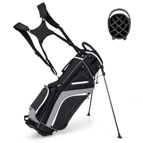 COSTWAY Golfbag, Golftasche mit 14-facher Unterteilung & 6 Taschen, Golf Stand Bag mit Standfüßen & Regenhaube, leichte Pencil Bag tragbar für Männer & Frauen(Grau) von COSTWAY