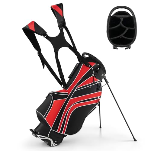 COSTWAY Golfbag mit Ständer und Regenschirmhalter, 7 Standbag inkl. Kühltasche und Schultergurt (Rot) von COSTWAY