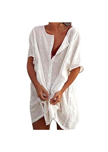 COTCLO Bikini-Bluse Strand Badeanzug Cover-Ups Frauen Baumwolle Cover Up Badebode Casual Short Sleeve Long Bluse Solid Color Beach Kleid-White,5XL von COTCLO