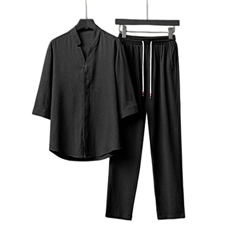 COTCLO Herren T-Shirt Leinen Zweiteiliger Anzug Sommer Dünne Kurzarm T -Shirt Plus Größe Hosen Übergroße Kleidung Männer-Black,4XL von COTCLO