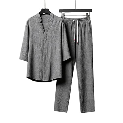 COTCLO Herren T-Shirt Leinen Zweiteiliger Anzug Sommer Dünne Kurzarm T -Shirt Plus Größe Hosen Übergroße Kleidung Männer-Gray,5XL von COTCLO