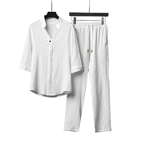 COTCLO Herren T-Shirt Leinen Zweiteiliger Anzug Sommer Dünne Kurzarm T -Shirt Plus Größe Hosen Übergroße Kleidung Männer-White,XXXL von COTCLO