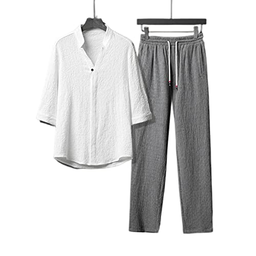 COTCLO Herren T-Shirt Leinen Zweiteiliger Anzug Sommer Dünne Kurzarm T -Shirt Plus Größe Hosen Übergroße Kleidung Männer-White Gray,5XL von COTCLO