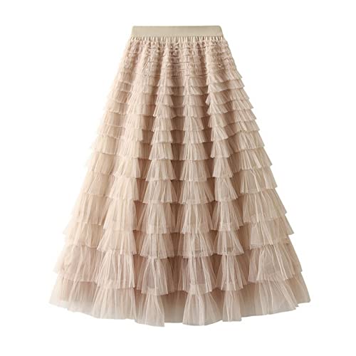 COTCLO Langer Rock Damen Frühling Party Rock Elastische Hohe Taille Lange Tüll Rock Frauen Multilayer Rüschen Rosa Mesh Tutu Rock Damen-Apricot Color,L von COTCLO