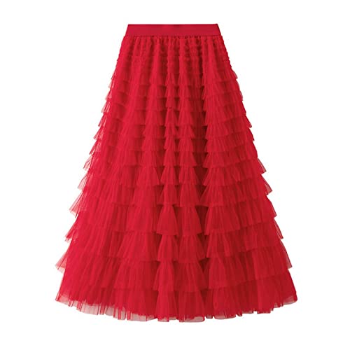 COTCLO Langer Rock Damen Frühling Party Rock Elastische Hohe Taille Lange Tüll Rock Frauen Multilayer Rüschen Rosa Mesh Tutu Rock Damen-Bright Red,L von COTCLO