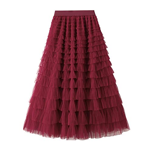 COTCLO Langer Rock Damen Frühling Party Rock Elastische Hohe Taille Lange Tüll Rock Frauen Multilayer Rüschen Rosa Mesh Tutu Rock Damen-Wine Red,M von COTCLO