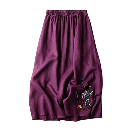 COTCLO Langer Rock Damen Retro Baumwolle Und Leinen Sommer Rock Frauen Gestickt Einfarbige Große Swing Rock All-Match Dünne Lange Damen Rock-Purple,M von COTCLO