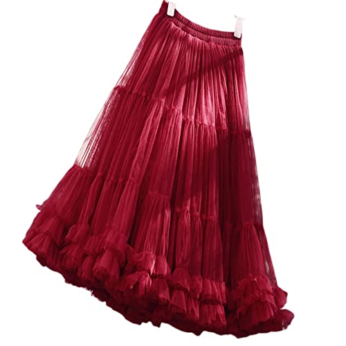 COTCLO Langer Rock Puffy Midi Tüll Röcke Frauen Elastischer Braut Brautjungfer Tüllrock Rüschen Kuchen Tutu Rock Für High School Student - Rot, 3XL Länge 86cm von COTCLO