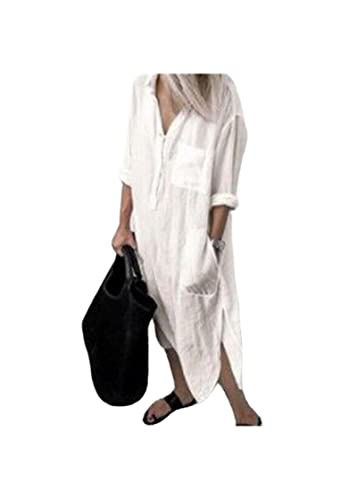 COTCLO Strandkleid Herbst Baumwolle Frauen Kleid Weiß Oversize Casual Langes Hemd Kleider Weibliche Neuer Sommer Lose Mode Strandkleidung - Beige, 5XL von COTCLO