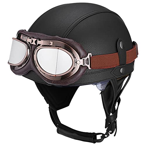 Retro Motorrad Halbhelme LederHalbhelm Deutscher Stil Roller Cruiser Chopper Anti-CollisionHelm Abnehmbarer Gehörschutz mit Visier ECE Zertifiziert Roller-Helm Scooter Mofa-Helm von CPXZYU