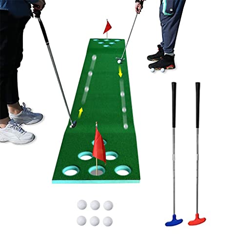 Tragbares Golf-Pong-Matten-Spielset, grüne Matte, Golf-Putting-Matte mit 2 Puttern, 6 Golfbällen, 12 Golflochabdeckungen für drinnen und draußen von CQLXZ