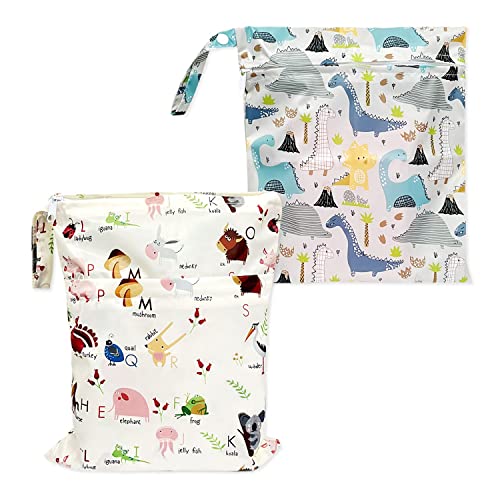 CQQNIU 2 Pcs Baby Waterproof Diaper Organizer, Washable Reusable Double Zipper Diaper Day Care Wet Bag For Swimwear Baby Products (Dinosaurs, Letters) von CQQNIU