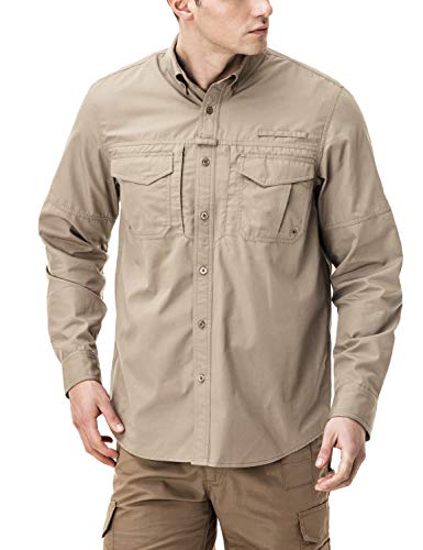 CQR Herren Langarm Riptstop-Arbeitshemden, atmungsaktive, Taktische Button-Down Wanderhemd und Outdorr-Hemden, mit USF 50+, Tos431 1pack - Khaki, S von CQR